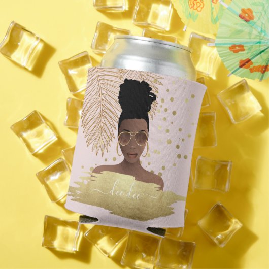 ブラック・ウーマン、金ゴールド・シェードとパーム葉・ピンク 缶クーラー (インサイチュ 夏)