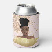 ブラック・ウーマン、金ゴールド・シェードとパーム葉・ピンク 缶クーラー (缶正面)
