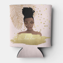 ブラック・ウーマン、金ゴールド・シェードとパーム葉・ピンク 缶クーラー