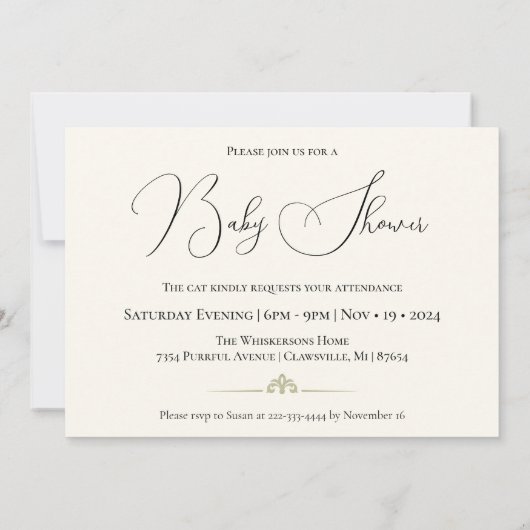 ブラック&エレガントクリーム猫好きベビーシャワー 招待状 (裏面)