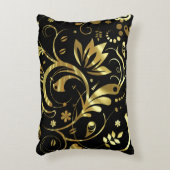 ブラック&エレガントゴールドフォイルルルックフローラダマスク アクセントクッション (正面(垂直))