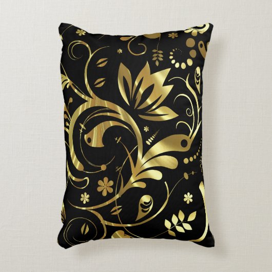 ブラック&エレガントゴールドフォイルルルックフローラダマスク アクセントクッション (正面(垂直))