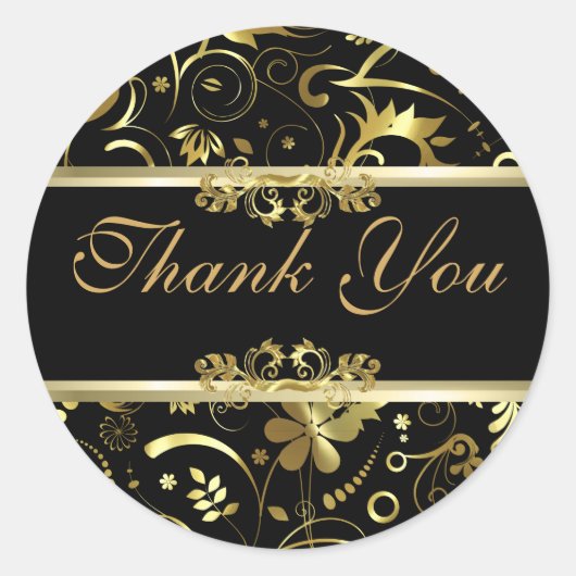 ブラック&エレガントゴールドフォイルルルックフローラダマスク ラウンドシール (正面)