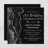 ブラック&エレガントシルバーグリッターアゲート21歳の誕生日 招待状 (正面/裏面)