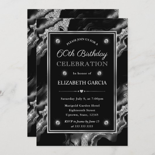 ブラック&エレガントシルバーグリッターアゲート60誕生日 招待状 (正面/裏面)