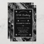 ブラック&エレガントシルバーグリッターアゲート60誕生日 招待状 (正面/裏面)