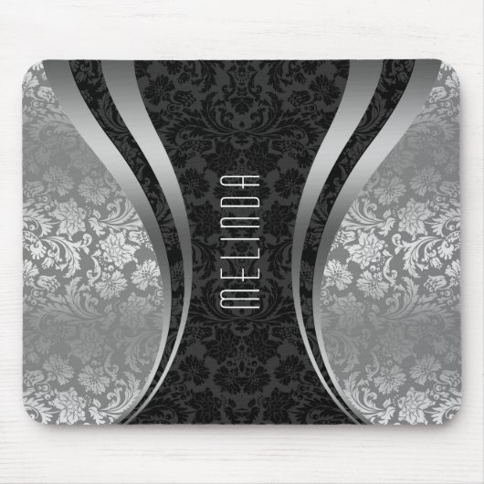 ブラック&エレガントシルバーグレーフローラダマスク マウスパッド (正面)