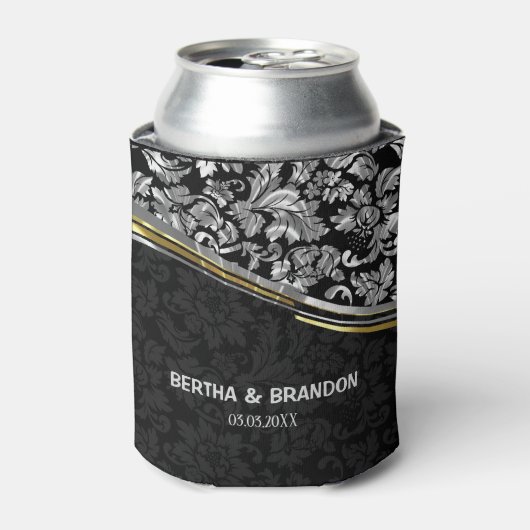 ブラック&エレガントシルバーダマスク金ゴールドアクセント 缶クーラー (缶正面)