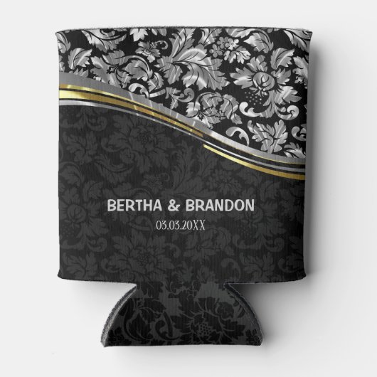 ブラック&エレガントシルバーダマスク金ゴールドアクセント 缶クーラー (正面)