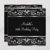 ブラック&エレガントシルバーフローラ50thバースデーパーティー 招待状 (正面/裏面)
