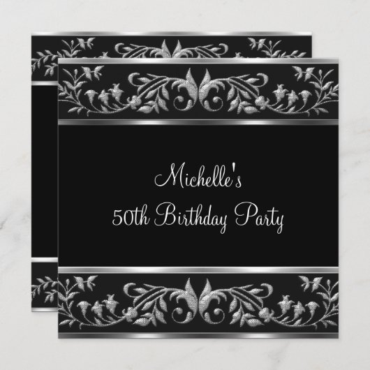 ブラック&エレガントシルバーフローラ50thバースデーパーティー 招待状 (正面/裏面)