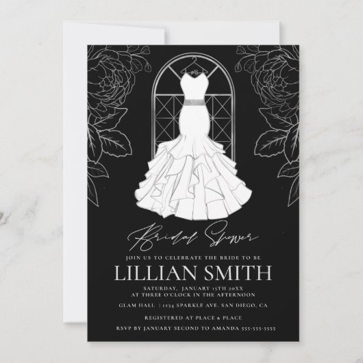 ブラック&エレガントシルバーブライダルドレスブライダルシャワー 招待状 (正面)