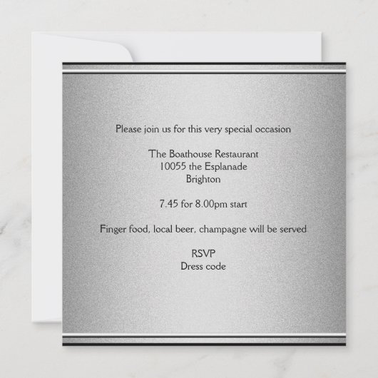 ブラック&エレガントシルバーメタル30th誕生日パーティー 招待状 (裏面)