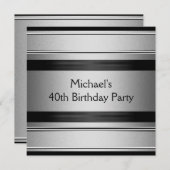 ブラック&エレガントシルバーメタル40th誕生日パーティー 招待状 (正面/裏面)