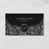 ブラック&エレガントシルバーヴィンテージフローラダマスク 名刺 (正面)