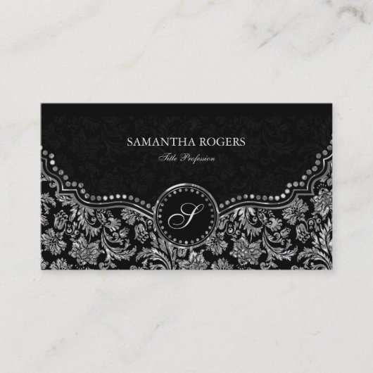 ブラック&エレガントシルバーヴィンテージフローラダマスク 名刺 (正面)