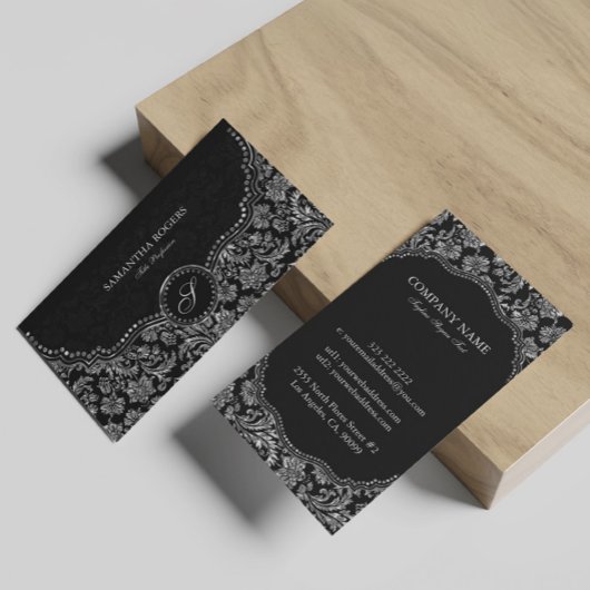 ブラック&エレガントシルバーヴィンテージフローラダマスク 名刺