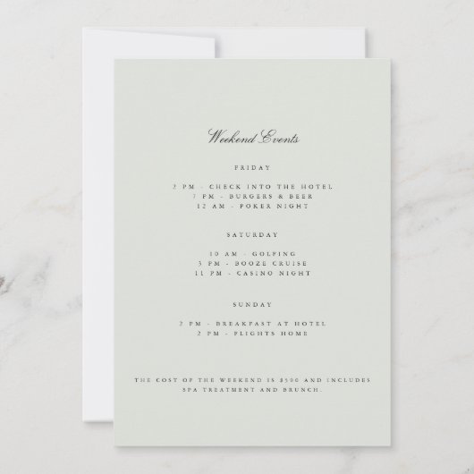 ブラック&エレガントセージ学士号ウィークエンド招待状 招待状 (裏面)