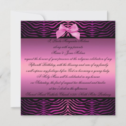 ブラック&エレガントピンクゼブラキンセアニラ招待状 招待状 (裏面)