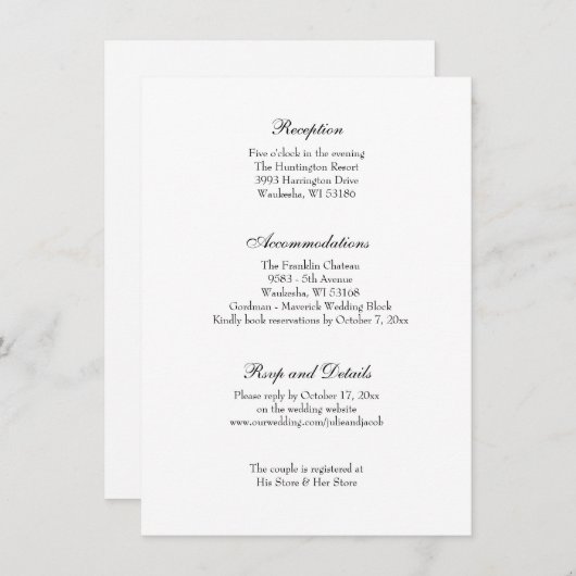 ブラック&エレガントホワイトのクラシックウェディングレセプション 招待状 (正面/裏面)