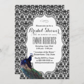 ブラック&エレガントホワイトダマスクピーコックブライダルシャワー 招待状 (正面/裏面)
