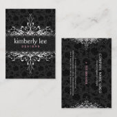 ブラック&エレガントホワイトダマスク&レース 名刺 (正面/裏面)