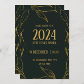 ブラック&エレガント金ゴールドのお正月のディナー 招待状 (正面/裏面)