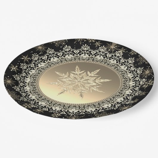 ブラック&エレガント金ゴールドアイスクリスタルスノーフレーク ペーパープレート (アングル)