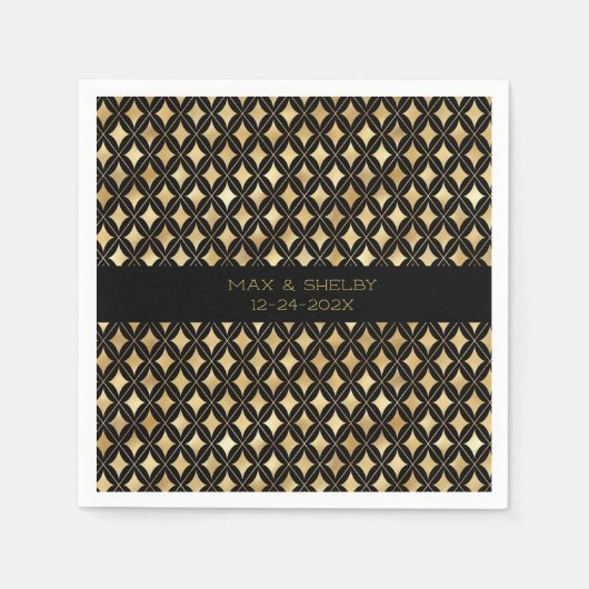 ブラック&エレガント金ゴールドカーニバルハーレキンカスタム スタンダードカクテルナプキン (正面)