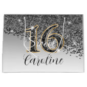 ブラック&エレガント金ゴールドグリッタースウィート16誕生日 ラージペーパーバッグ (正面)