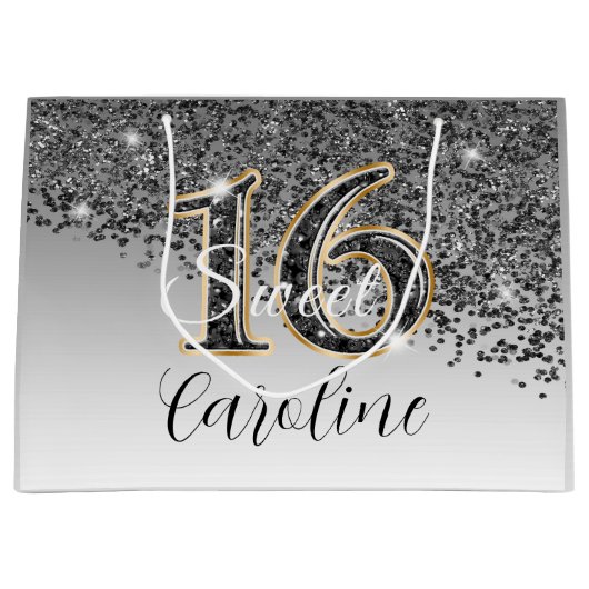 ブラック&エレガント金ゴールドグリッタースウィート16誕生日 ラージペーパーバッグ (正面)