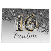 ブラック&エレガント金ゴールドグリッタースウィート16誕生日 ラージペーパーバッグ (裏面)