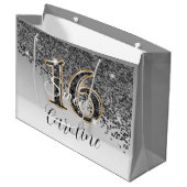 ブラック&エレガント金ゴールドグリッタースウィート16誕生日 ラージペーパーバッグ (正面アングル)