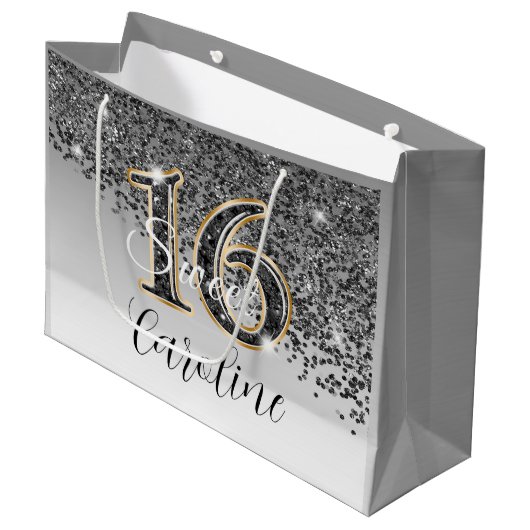 ブラック&エレガント金ゴールドグリッタースウィート16誕生日 ラージペーパーバッグ (正面アングル)