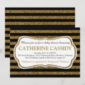 ブラック&エレガント金ゴールドグリッターストライプベビーシャワー 招待状 (正面/裏面)