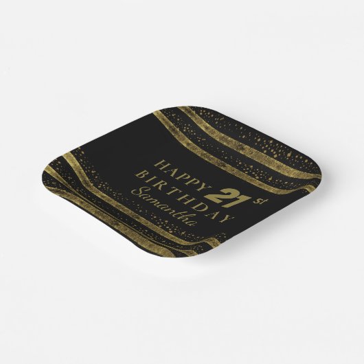 ブラック&エレガント金ゴールドグリッタースパークル誕生日 ペーパープレート (傾斜あり)