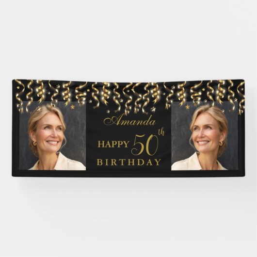 ブラック&エレガント金ゴールドサプライズ誕生日パーティーの写真 横断幕 (横)