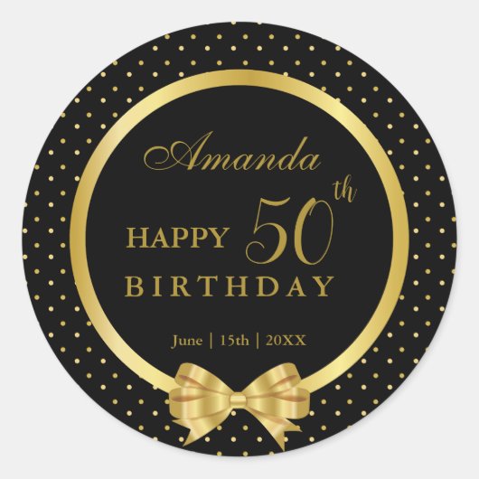 ブラック&エレガント金ゴールドサプライズ誕生日パーティー ラウンドシール (正面)