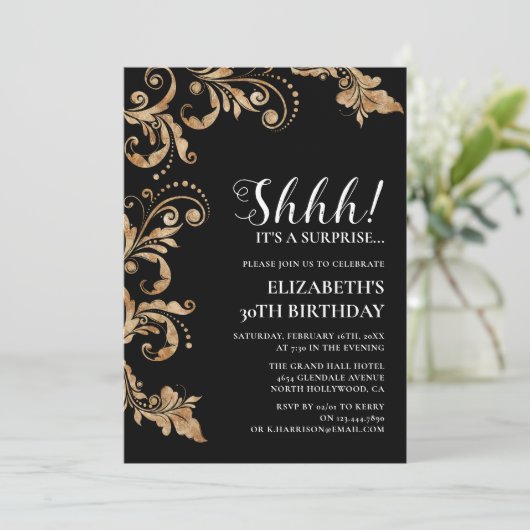 ブラック&エレガント金ゴールドシュシュサプライズパーティー誕生日 招待状 (スタンド正面)