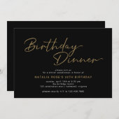 ブラック&エレガント金ゴールドスクリプトモダン誕生日ディナー 招待状 (正面/裏面)