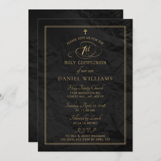 ブラック&エレガント金ゴールドスクリプト第1聖餐式 招待状 (正面/裏面)