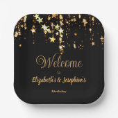 ブラック&エレガント金ゴールドスターのダブルジョイント誕生日 ペーパープレート (正面)