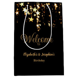 ブラック&エレガント金ゴールドスターのダブルジョイント誕生日 ミディアムペーパーバッグ