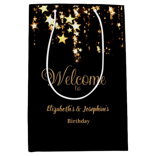 ブラック&エレガント金ゴールドスターのダブルジョイント誕生日 ミディアムペーパーバッグ (正面)