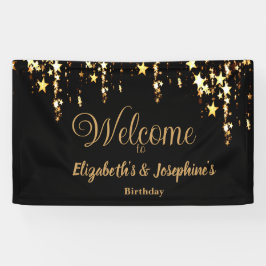 ブラック&エレガント金ゴールドスターのダブルジョイント誕生日 横断幕