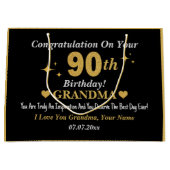 ブラック&エレガント金ゴールドスターズ90誕生日おばあちゃん ラージペーパーバッグ (正面)