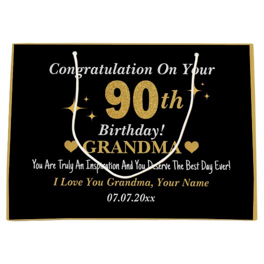 ブラック&エレガント金ゴールドスターズ90誕生日おばあちゃん ラージペーパーバッグ (正面)