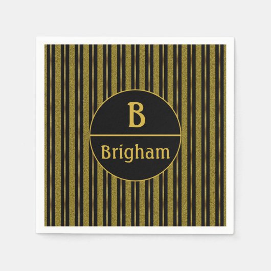 ブラック&エレガント金ゴールドスプリットストライプモノグラム スタンダードカクテルナプキン (正面)