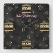 ブラック&エレガント金ゴールドダイヤモンドデザイン スクエア壁時計 (正面)