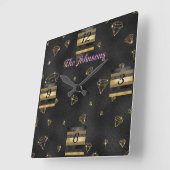 ブラック&エレガント金ゴールドダイヤモンドデザイン スクエア壁時計 (傾斜)